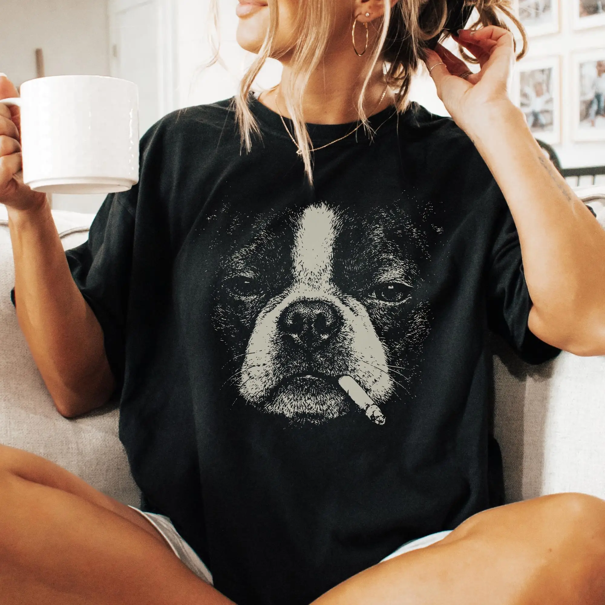 Sommer Damen Smoking Boston Terrier T-Shirt aus Baumwolle Streetwear Oversize Locker Lässig Kurzarm Geeignet für Alle Jahreszeiten – Detail 4