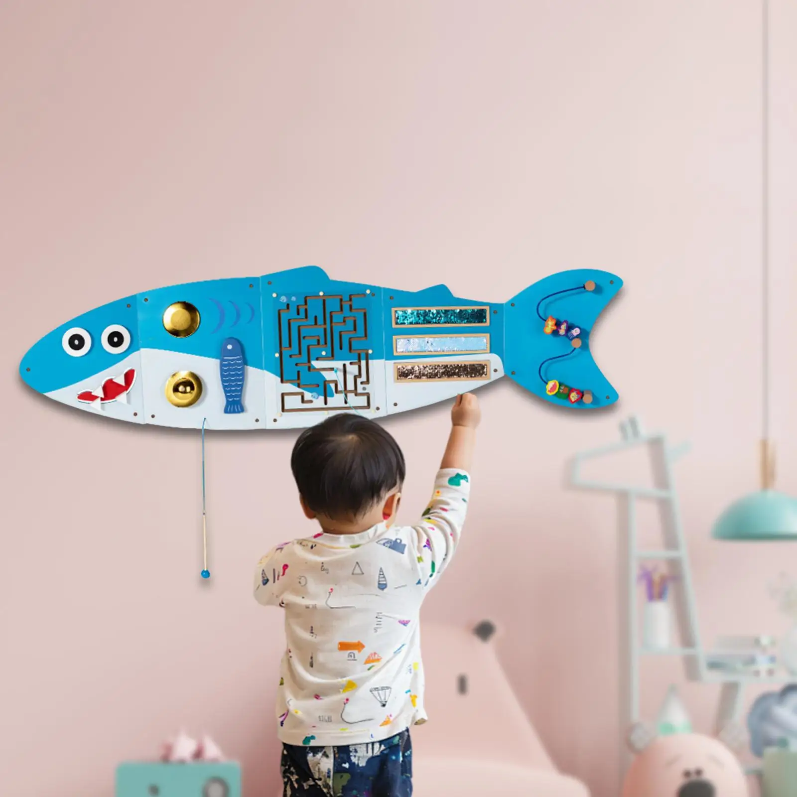 

Shark Montessori Busy Board Game Wood Learning Toys for Toddler Playroom Kids Play Room Decor Boys and Girls Children's Daycare