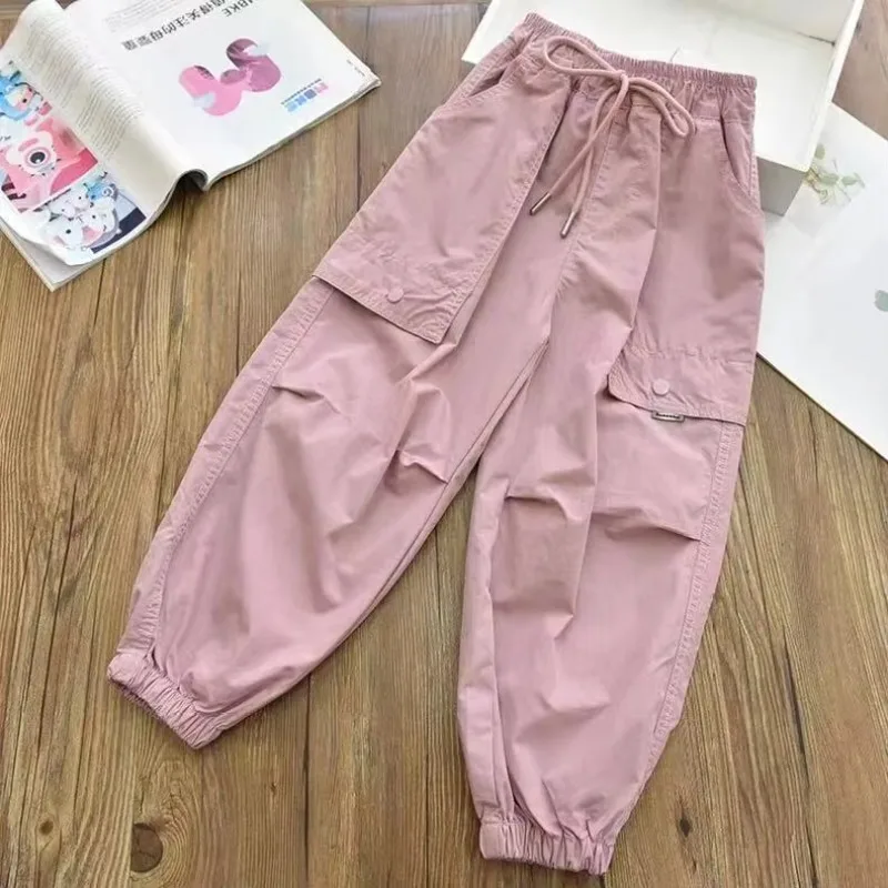 Spring Summer Fashion Kids Cargo Joggers Elastic Ankle Trousers Light Breathable Trendy Casual Boys Girls Children Pants