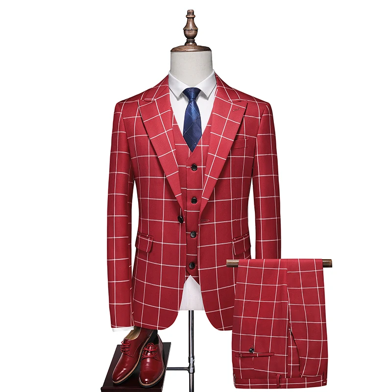 2025 패션 슬림 싱글/더블 브레스티드 웨딩 수트 (남성용), 멀티 컬러 체크 무늬 연회 남성 블레이저 세트 (3피스)