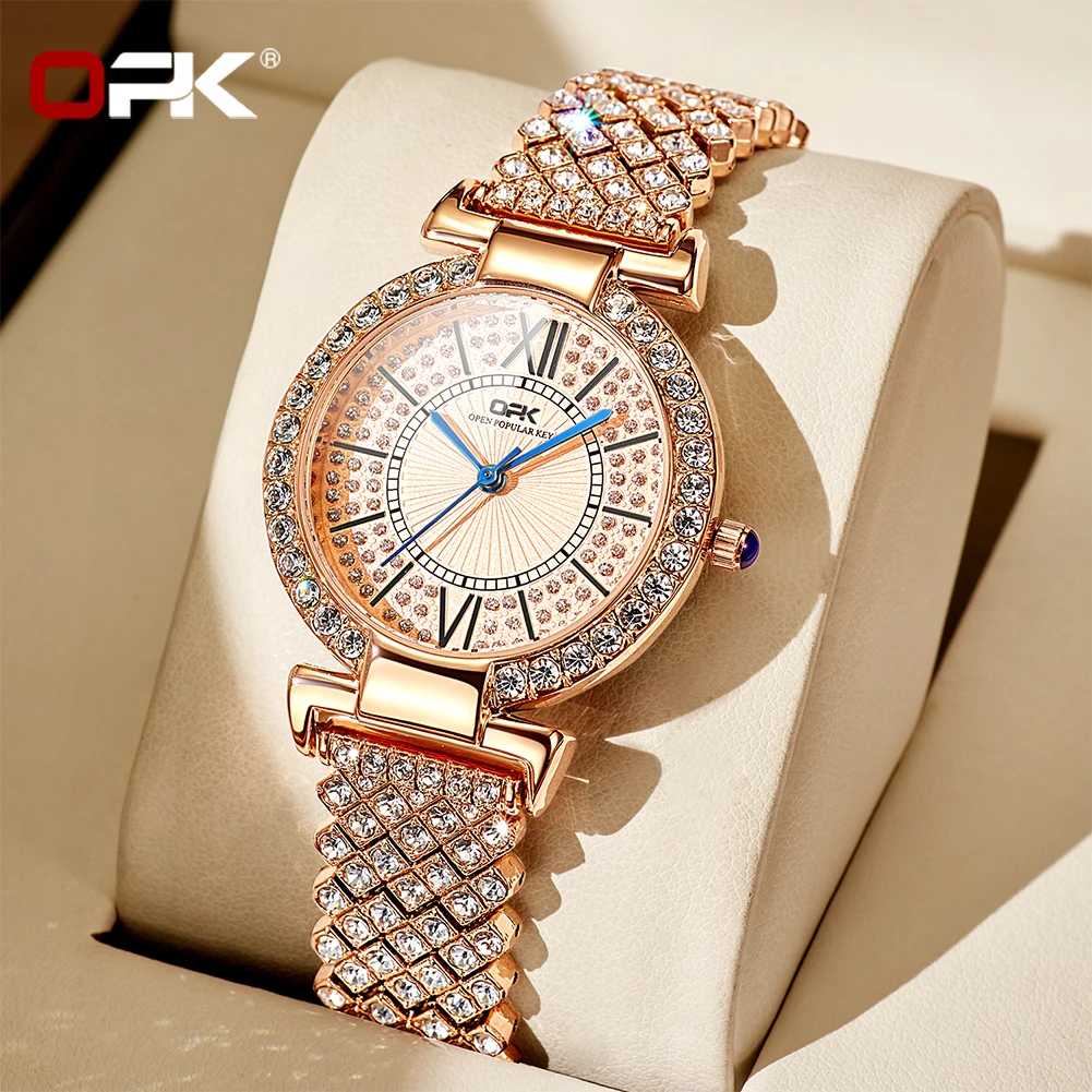 OPK Brand Full Diamond Waterproof Roman Scale Steel Belt Ladies Quartz Watch 8618