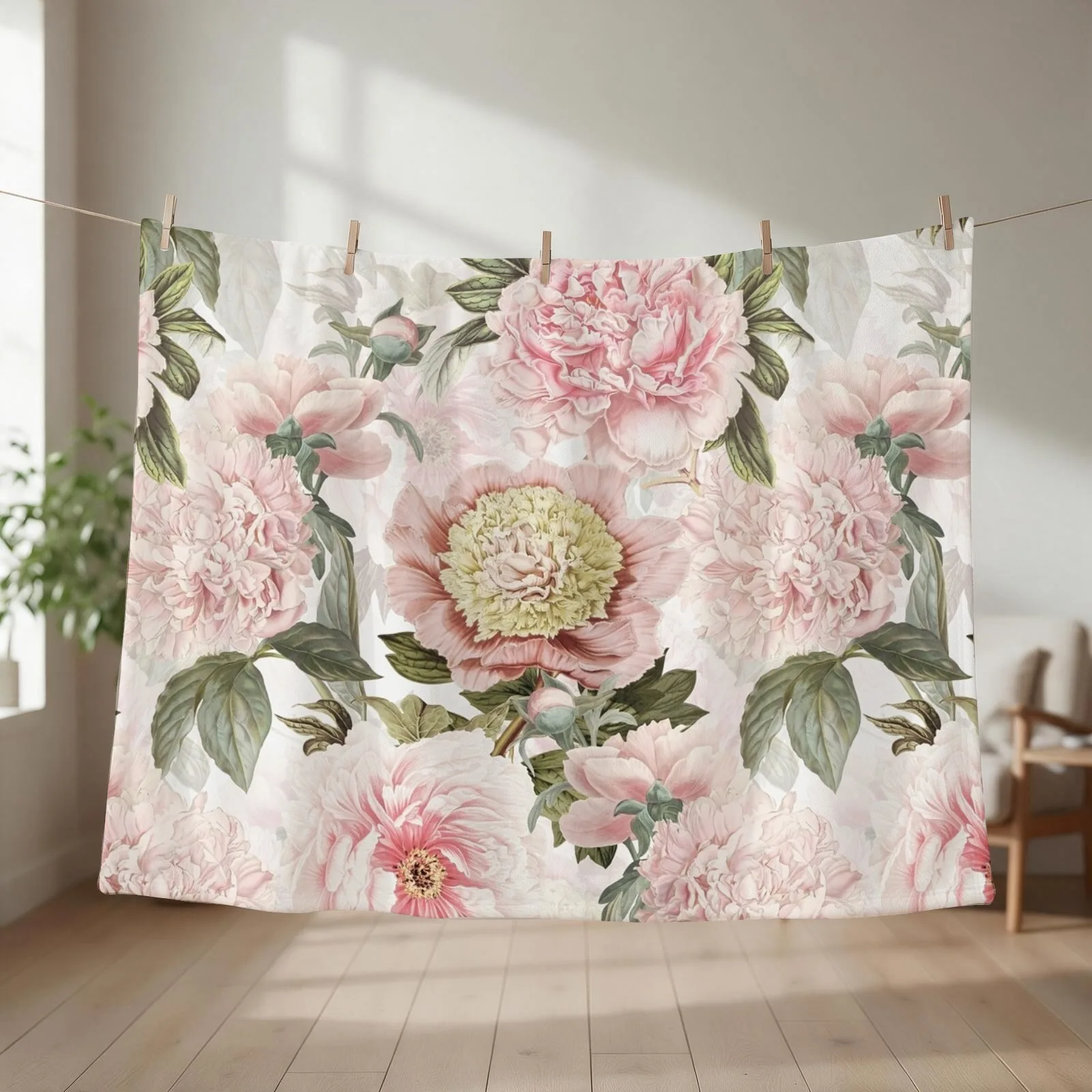 Vintage Botanical Blush Peony Flowers Pattern Throw Blanket couch cozy soft plush fuzzy picnic outdoor blanket