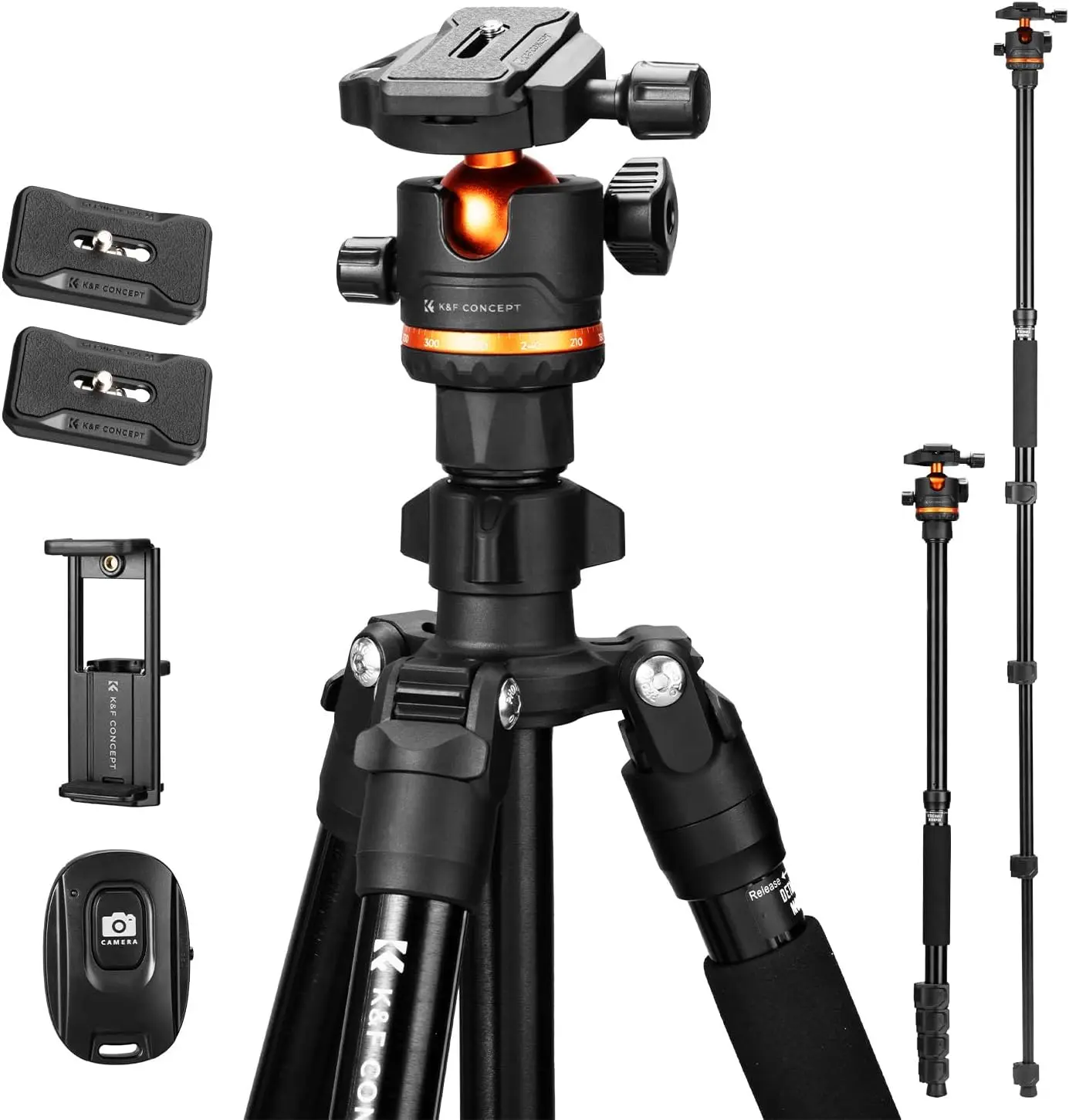 

76" Camera Tripod, Travel Tripod for Camera with 360° Ball Head & Phone Holder, Max Load 17.6lbs, Detachable Monopod, C