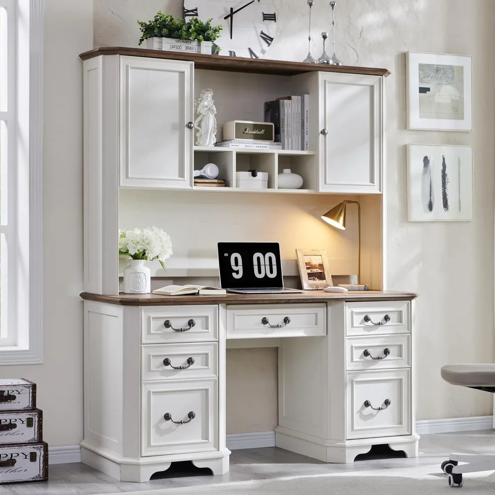 

59" Farmhouse Executive Desk with Hutch,Wood Home Office Computer Desk, Featuring Keyboard Tray,Charging Station,File Drawer, S