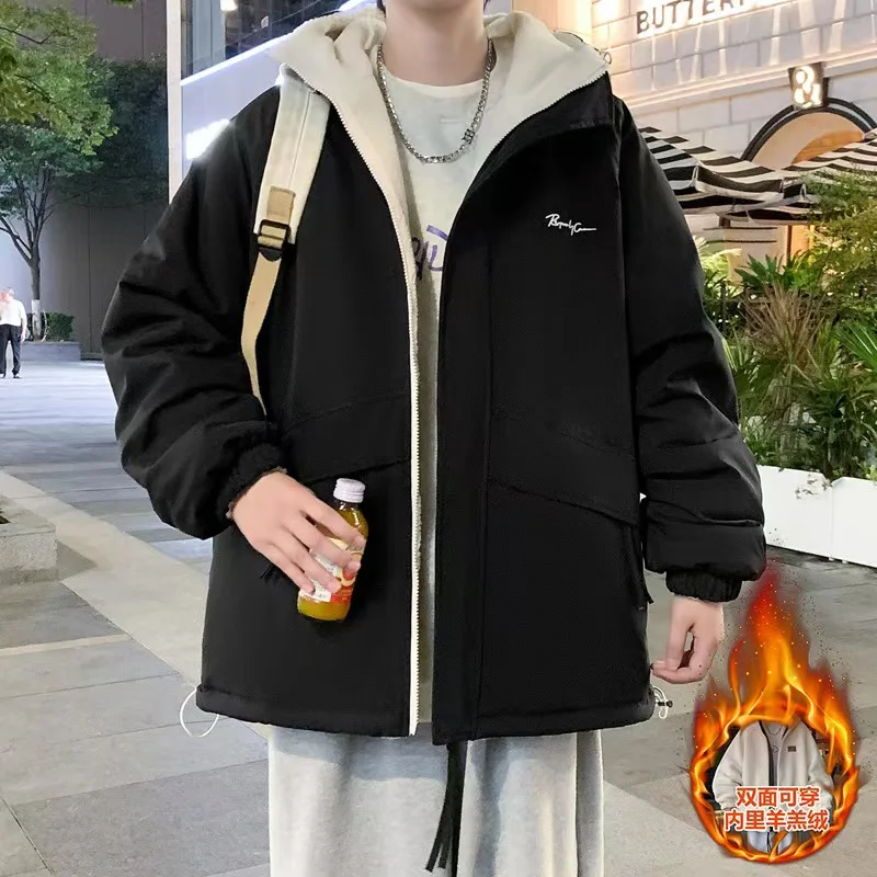 

Hip Hop Winter Lamb Fleece Hooded Jacket Streetwear Men Women Harajuku Reversible Cotton Jackets Casual Zipper Thick Warm Coat