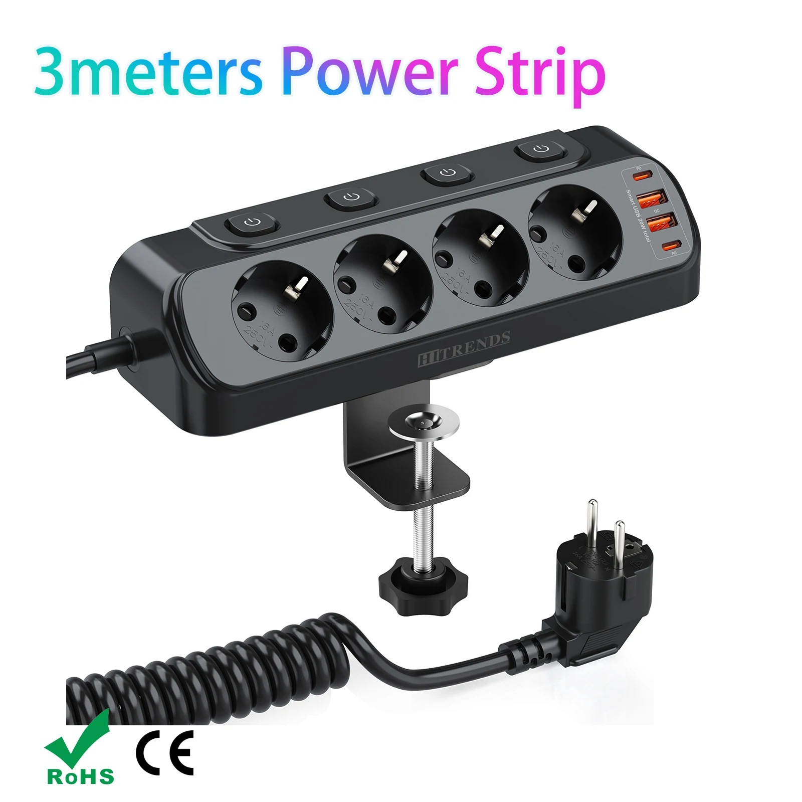 

Универсальный сетевой фильтр HITRENDS EU с 2 USB и 2 Type-C портами для зарядки, удлинителем 3 м, 4 розетками и выключателями для дома