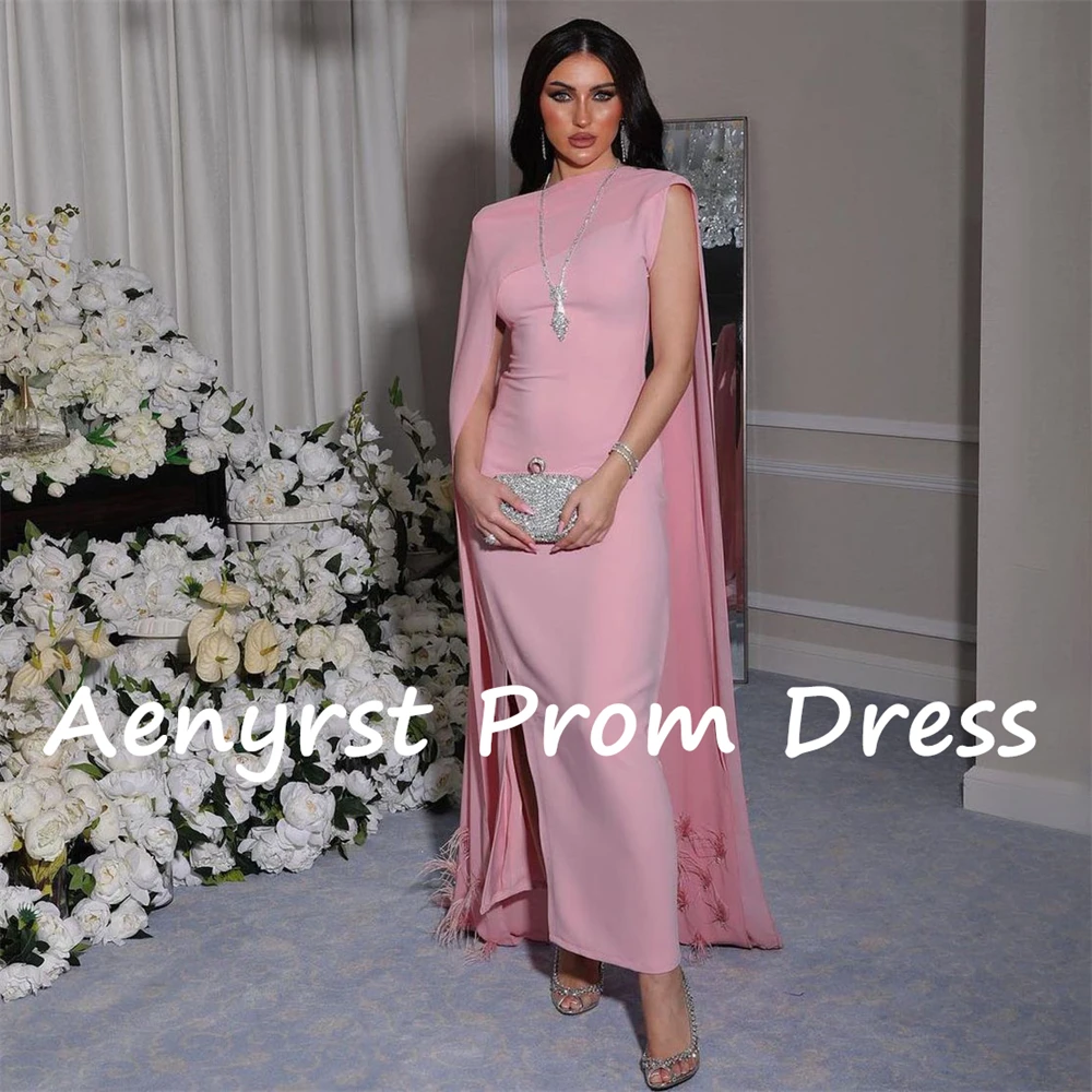 Aenyrst-Pink Mermaid Prom Vestidos com penas, Arábia Saudita Bodycon, xale Split Evening Gowns, até o tornozelo Dinner Party Dress