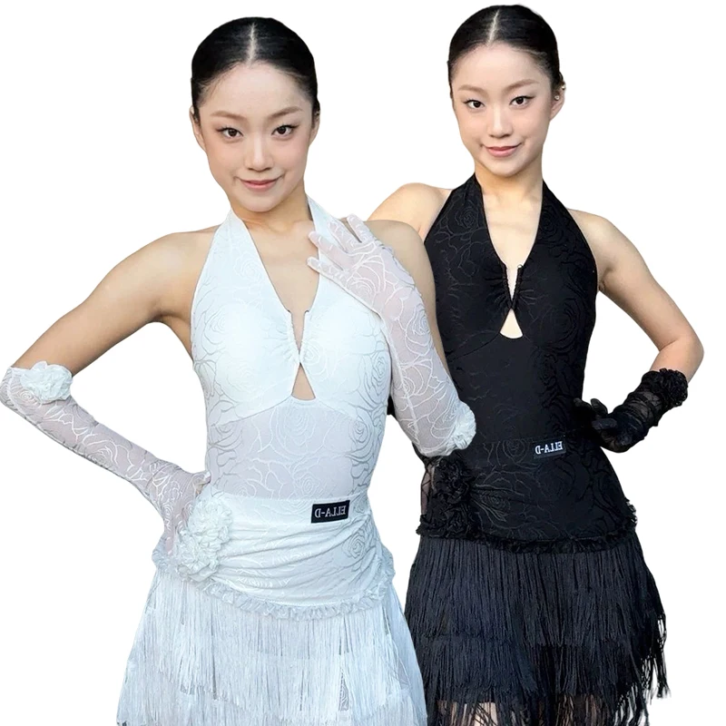 

New Adult Latin Dance Clothes Women Black White Fringe Dress Halter Neck Tops Tassel Skirt Latin Competition Dresses