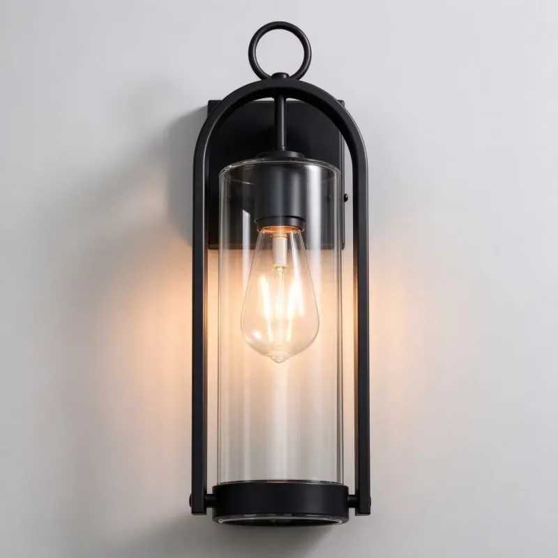 Modern outdoor wall lamp black aluminum alloy cylindrical tempered glass light transducer 3000K warm light garden