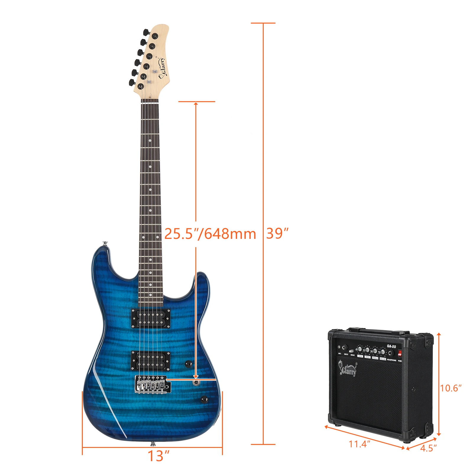 GST Stylowy zestaw do gitary elektrycznej H-H Pickup Tiger Stripe z paskiem gitarowym 20W AMP Bag Blue