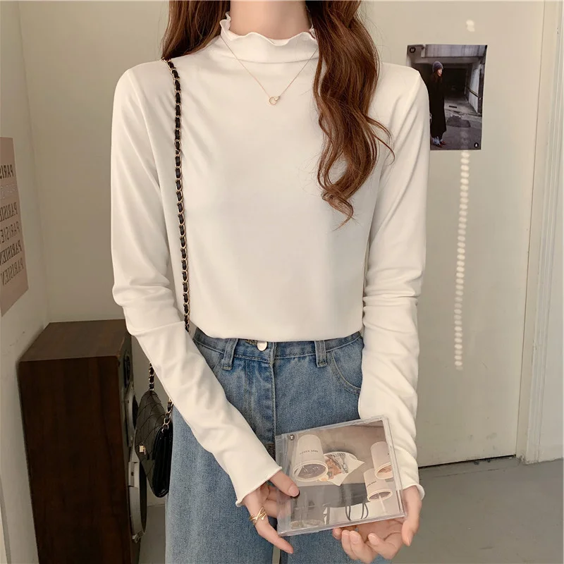 Femmes col haut Long Sve Fce doublé Base irt printemps automne Faionable polyvalent vêtements intérieurs haut qualité Polyester