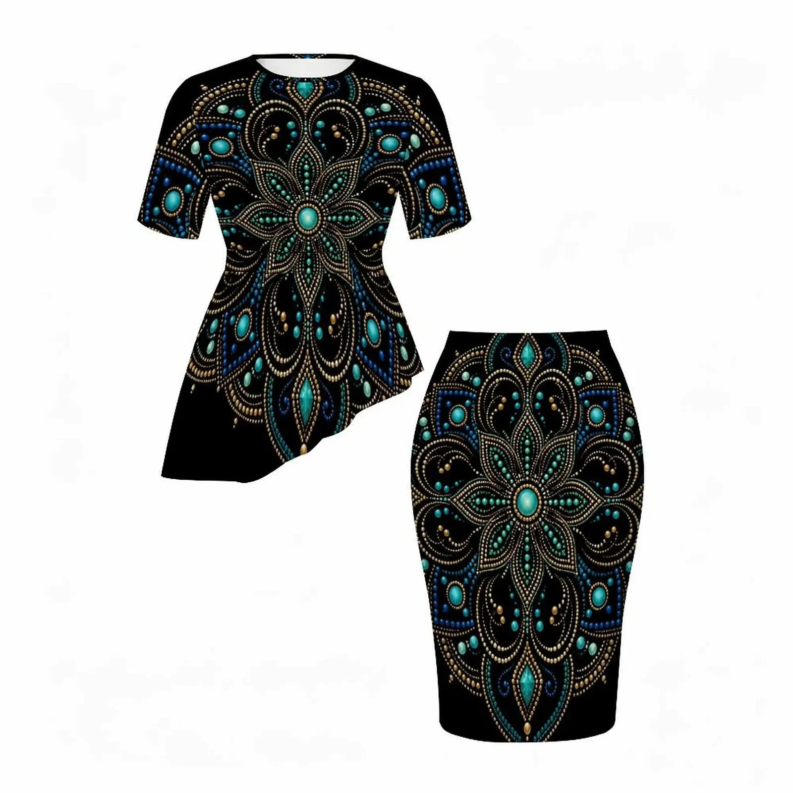 Women Black Turquoise Gold Blue Mandala Print Round Neck Short Sleeve Asymmetric Top and Fitted Skirt Two Piece Set