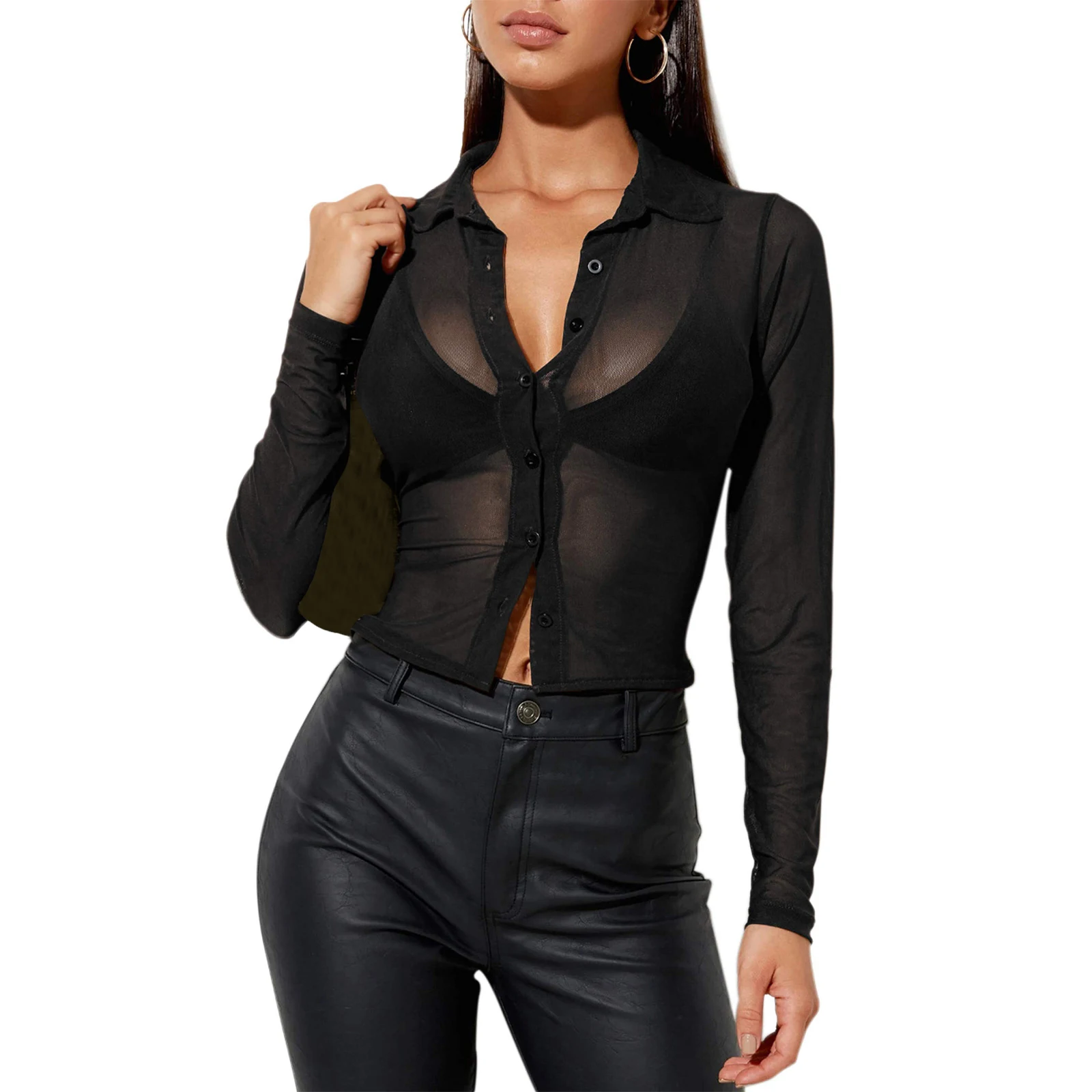 Women\'s Sexy See Through Shirts Mesh Sheer Single Breasted Tops Long Sleeve Turn-down Collar Sheer Blouse Streetwear