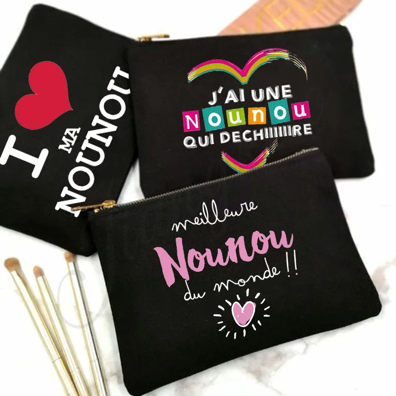 I Love My Nanny French Print Makeup Bag Travel Toiletries Organizer Pouch Women Cosmetic Case Zipper Bags Thanks Gift for Nounou