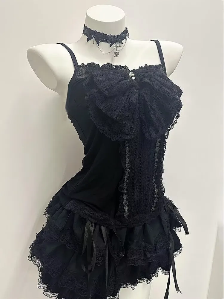 Aesthetic Gothic Lolita Black Lace 3 Piece Skirt Set Women Puff Sleeve Cardigan+Bow Cami Y2K Tops+Cake Mini Skirt Kawaii Outfit