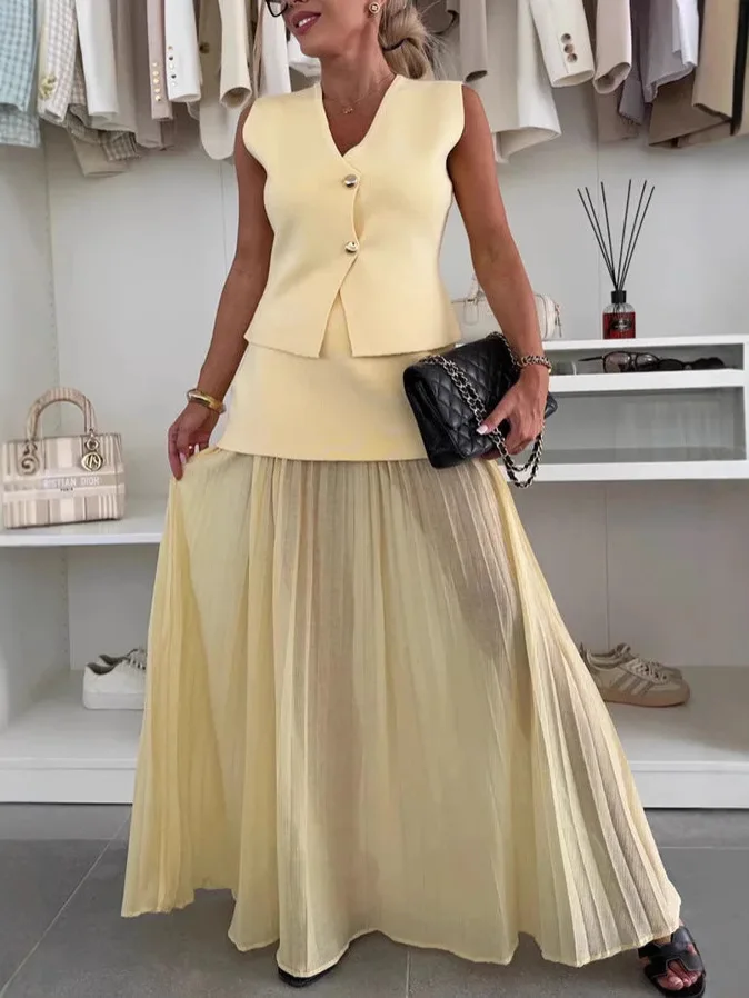 

2025 летняя горячая женская одежда, темпераментный тонкий вязаный жилет, топ из тюля ​ ​ модный костюм с длинной юбкой в складку