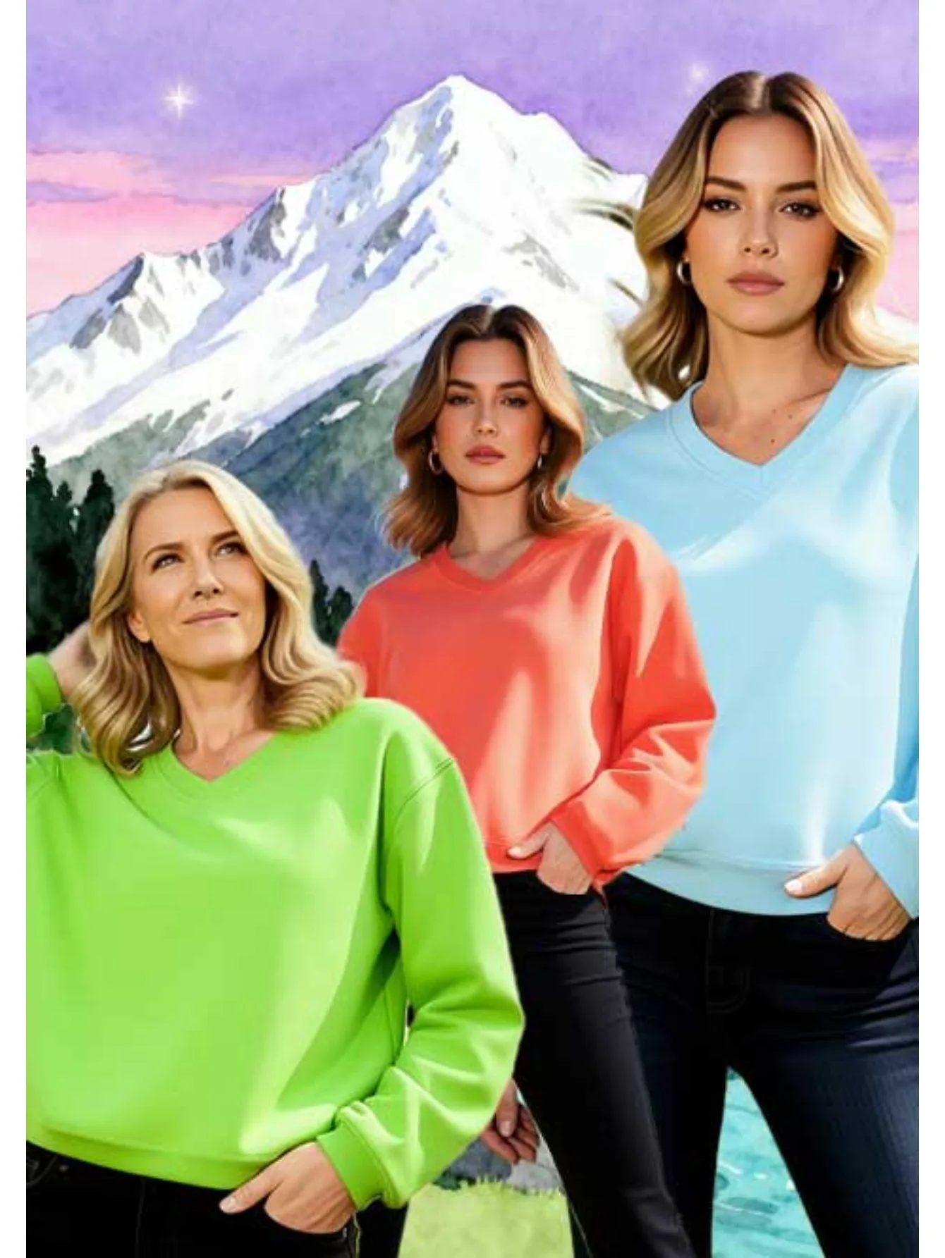 

Three piece women's V-neck sweatshirt set, casual pullover, long sleeved comfortable and loose fit, available in 6