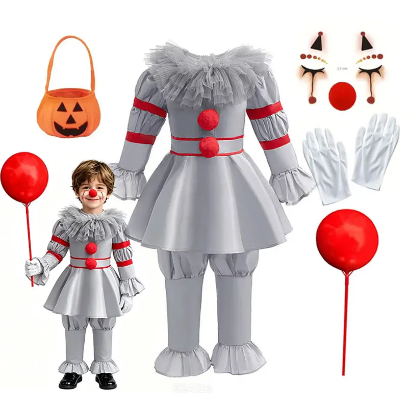 Kids Boys Grey Clown Top + Pants Suit Halloween Party Cosplay Costume Children Carnival Themed Performance Outfit