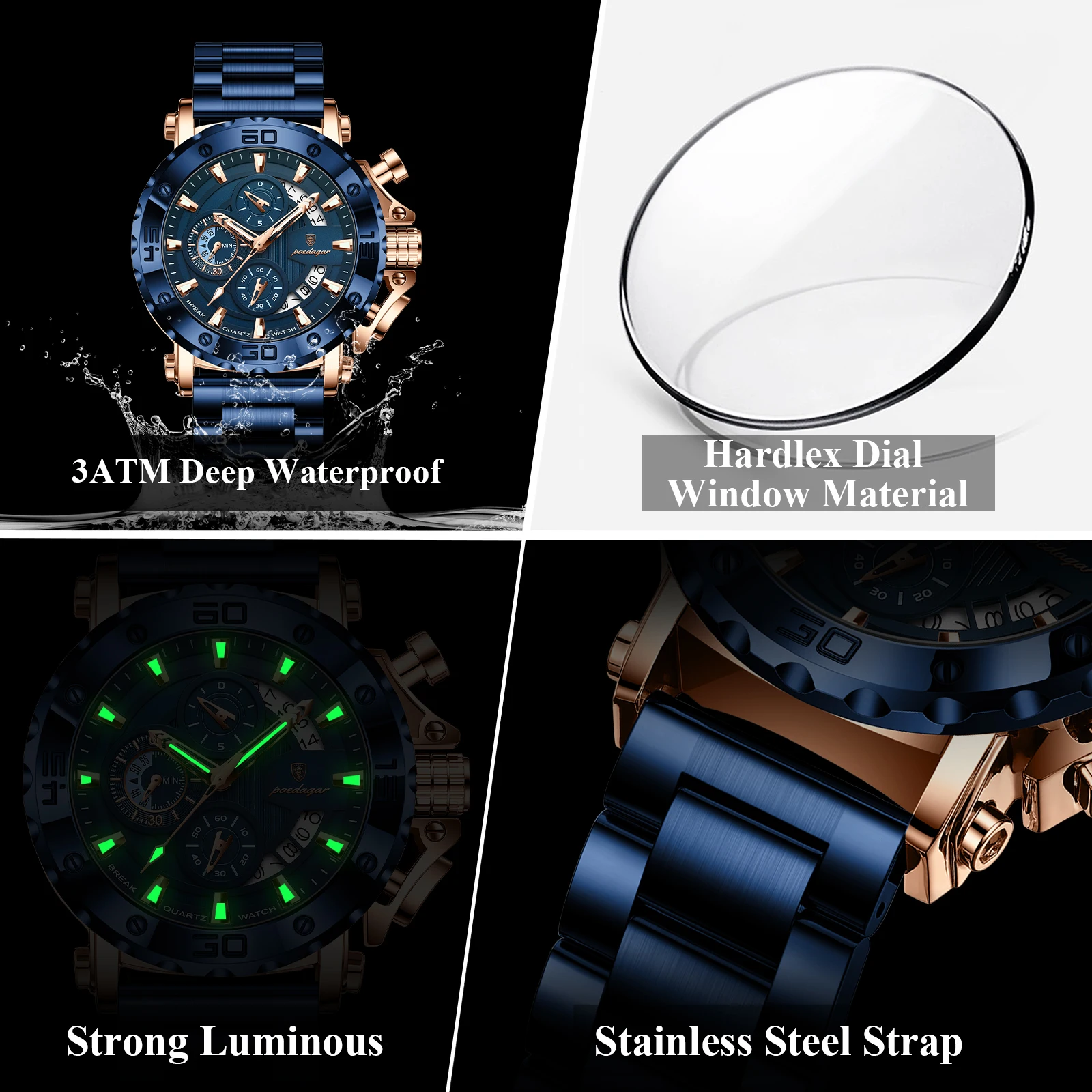 POEDAGAR Luksusowy Męski Zegarek na Rękę Datownik Luminescencyjny Wodoodporny Kwarcowy Zegarek Męski Chronograf Stal Nierdzewna Modne Zegarki Męskie Reloj