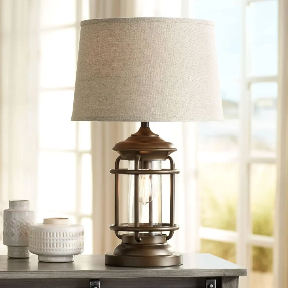

Industrial Table Lamp with Nightlight and USB Port 26" High Brown Metal Oatmeal Fabric for Living Room Bedroom Bedside Office