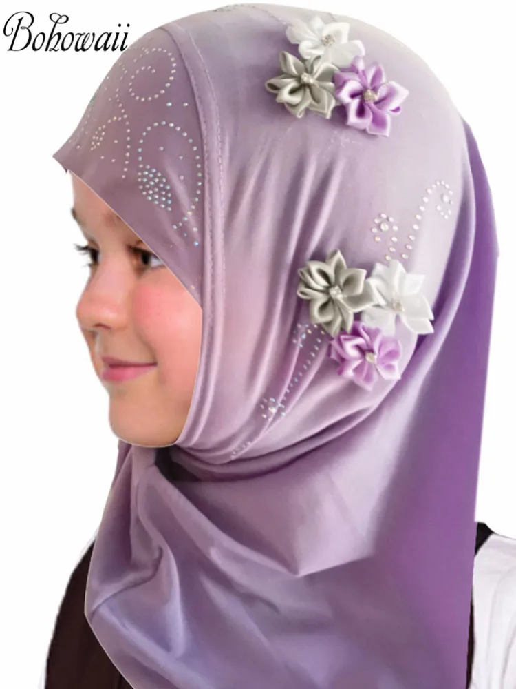 Bohow(kids Girls Hijab istantaneo musulmano pronto da indossare scialli islamici turbante con sciarpe di fiori Jersey Head Wrap (2-7 Y)