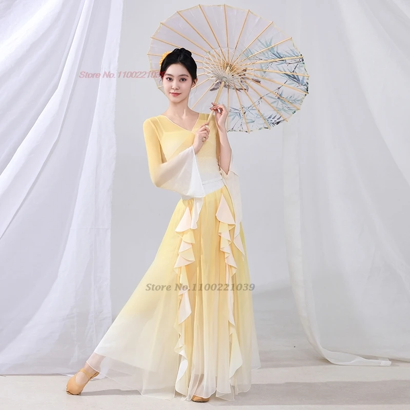 Traje de baile vintage chino 2025, conjunto de tops y pantalones de malla, vestido tradicional de gasa de color degradado, vestido de baile puesta en escena