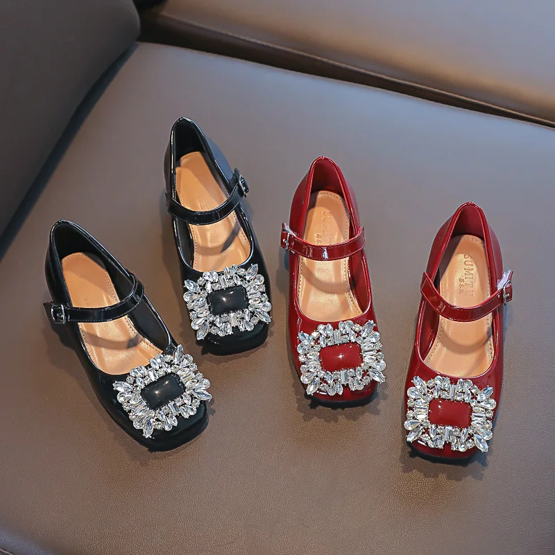 Kids Shoes Spring Fashion Princess Dress Shoes Baby Girls Flats Patent Brand Mary Jane Rhinestone Middle Heel Red Soft Sole