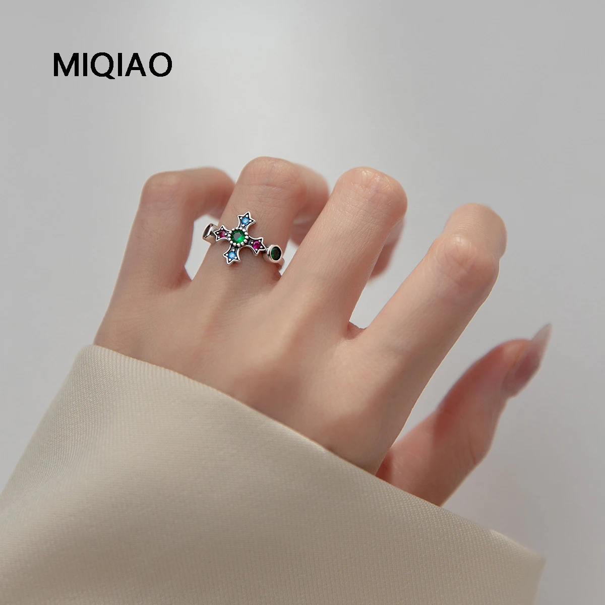 

MIQIAO Cross Ring 925 Silver Women Trending Products Jewelry Thai Silver Colored Zircon Luxury Female Ring Accessories