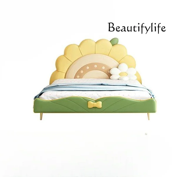 Princess Bed Sunflower Flower Girl Yellow Cartoon Solid Wood Designer Cute Style Creative