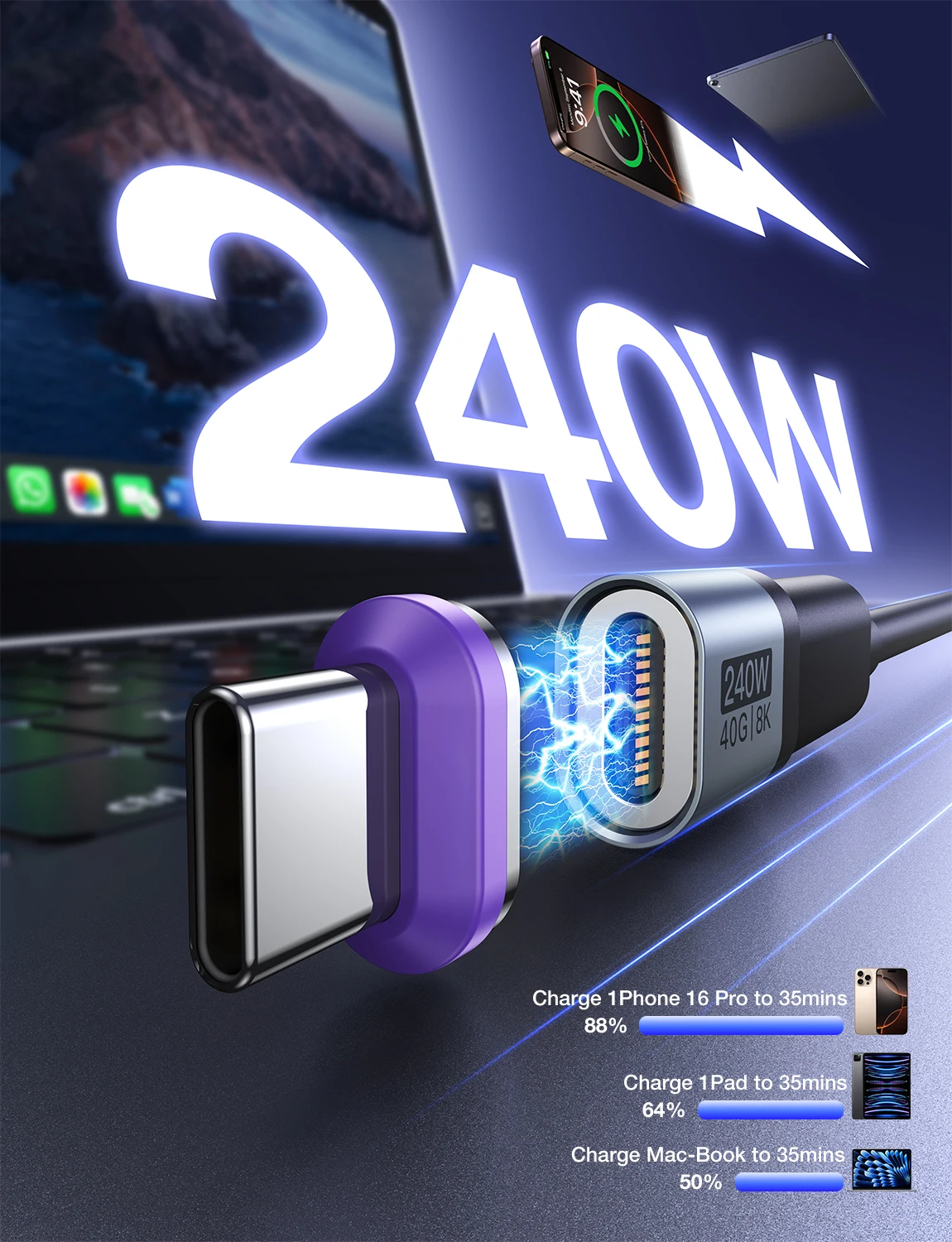 AUFU 240W Magnetyczny Adapter USB C Szybkie Ładowanie Typ C do USB C Złącze USB4 40Gbps 8K60Hz dla Thunderbolt 4 3 iPhone16 Macbook — zdjęcie produktu 2