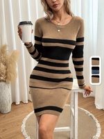 ITOOLIN 2025 Autumn Winter Fashion New Office Ladies Knitted Dress Elegant Striped Print Slim Long-sleeved Dress