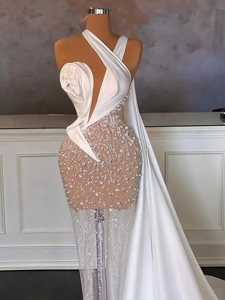 Robe de Rhsirène sexy à col en V, bretelles en fibre, appliques de paillettes, longueur au sol, célébrité, dentelle 3D, perles creuses, robe de soirée