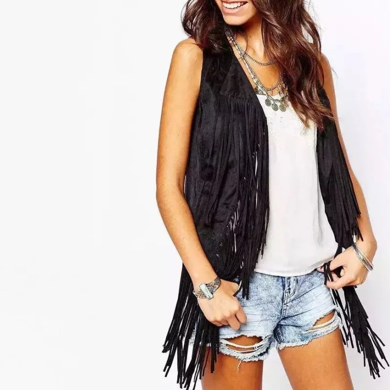 Findit Bohemian Tassel Decorated Suede Vest Women's Fashionable Street Style Multi-Color Multi-Design Suede Vest Top