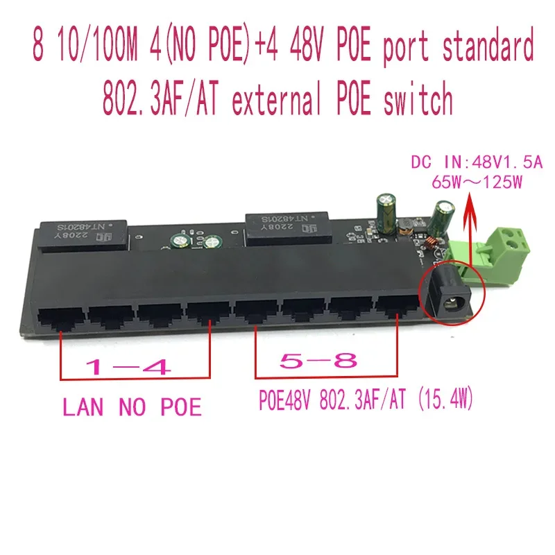 8 puertos 802.3at/af poe 48v o 1-4 puertos sin poe con interruptor de red 5-8 puertos 802.3at/af poe 48v