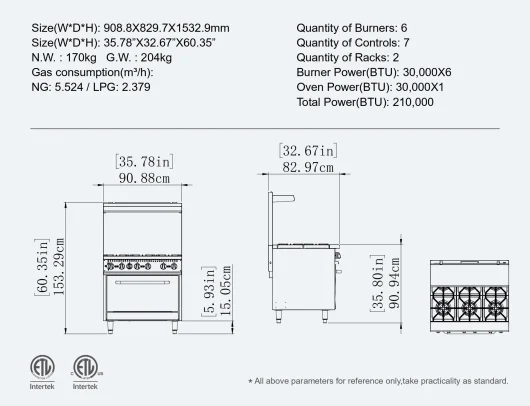 SHINEHO Premium Quality Commercial 6 Burner Gas Range with High Efficiency for Asian Cuisine With ETL Certificate