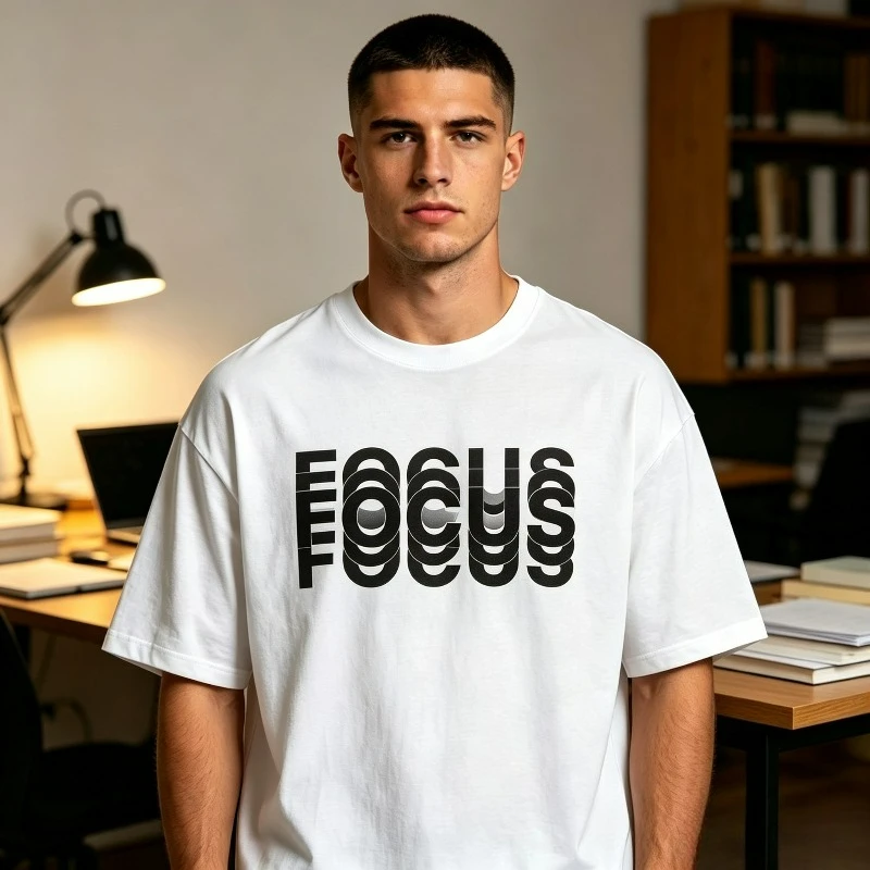 FOCUS Letter Print Men T-Shirt 100% Cotton Short Sleeve Typography Graphic Tee For Casual Office Study Workout Street Daily Wear