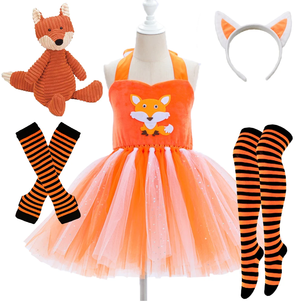 Stage Performance Girls Fox Cosplay Costume Halloween Fancy Kids Orange Animal Dress Up Tulle Fluffy Ballet Tutu Dress Fox Dolls