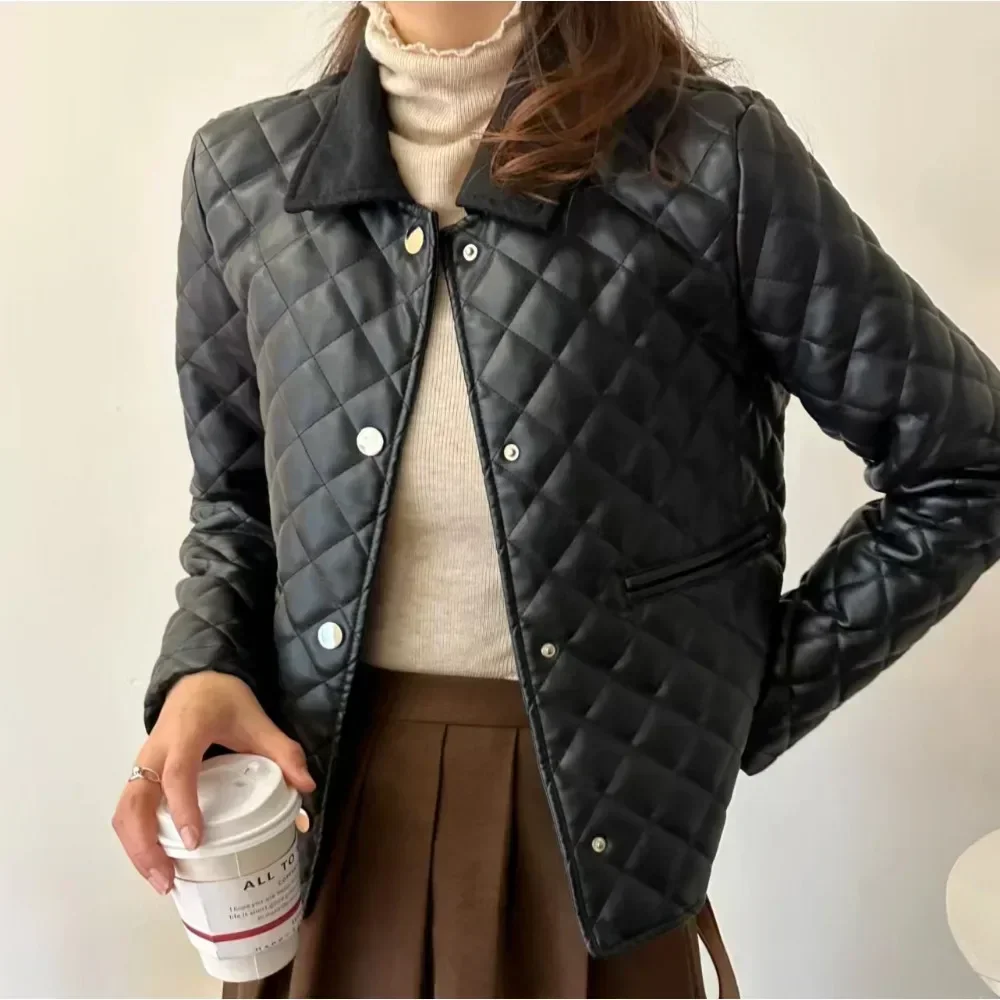 2024 PU Faux Leather Jackets for Women Winter Short 2024 New Lapel Rhomboid Fashion Warm Women\'s Leather Coat High Street