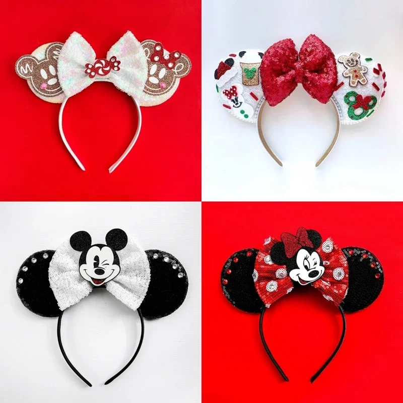 Disney White Pearls Mickey Mouse Ears Headbands for Women Colors Soft Cotton Bow Hair Accessories Girl Minnie Hairband Kids Gift