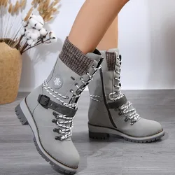 Nuove scarpe da donna stivali invernali stringati a tubo medio da donna stivali con punta tonda con tacco basso stivali caldi Plus Size 36-43 Zapatos Mujer