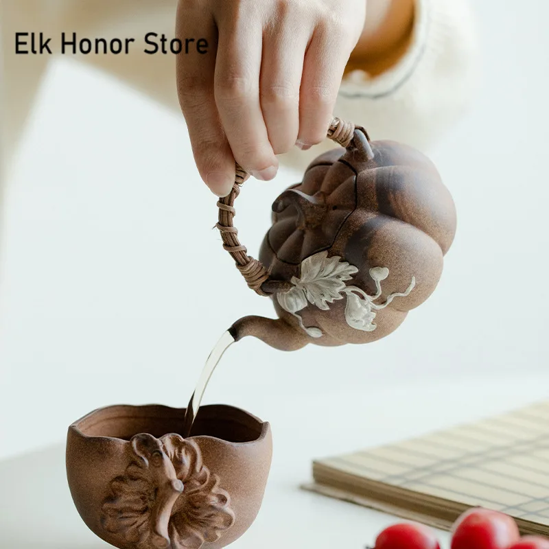 170ml Retro Raw Ore Old Rock Mud Teapot Pure Hand-painted Silver Pumpkin Lifting Beam Pot Chinese Tea Making Kettle Kung Fu Tool