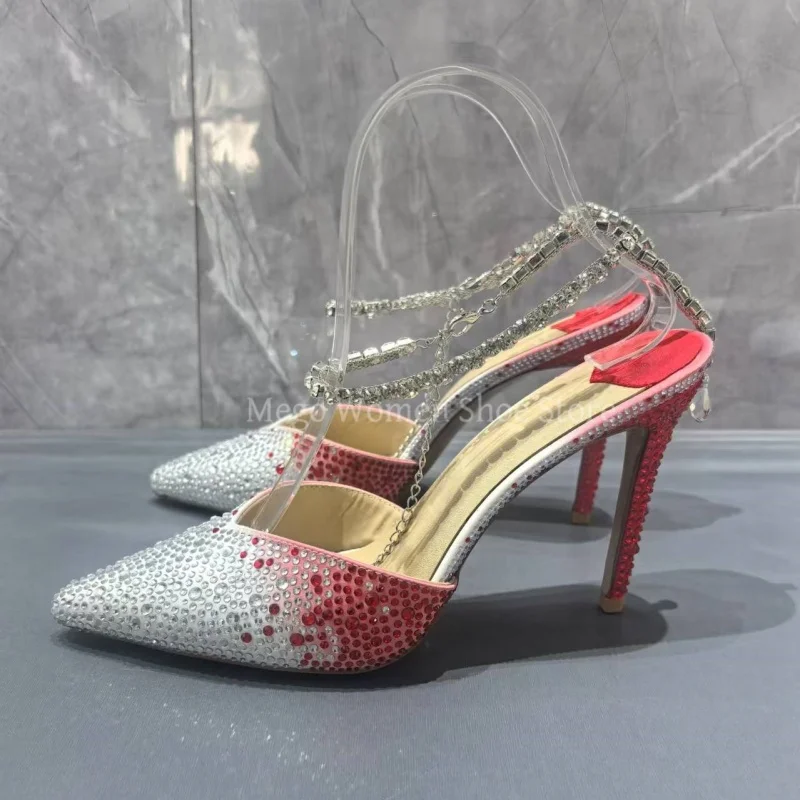 

Silver and Red Rhinestones High Heels Sandals for Women Luxury Brand Design Crystals Slingback Stiletto Heel Banquet Dress Shoes