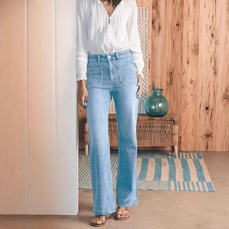 Mulheres denim jeans sólido jean bolso zíper voar império cintura comprimento total calças retas médio estiramento senhora do escritório 2025 outono