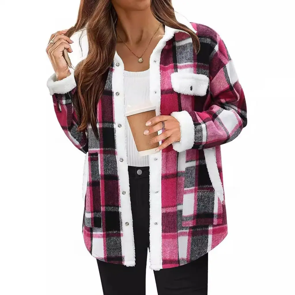 

Ladies Contrast Color Plaid Jacket Casual Velvet Outerwear European American Style New Fashion for Women