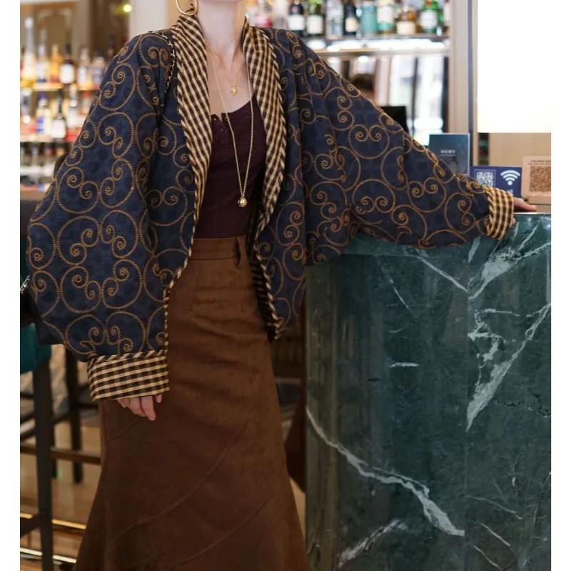 

Beautiful Double-sided Printed Double-sided Plaid Lazy Jacket Silhouette Loose Cardigan Top