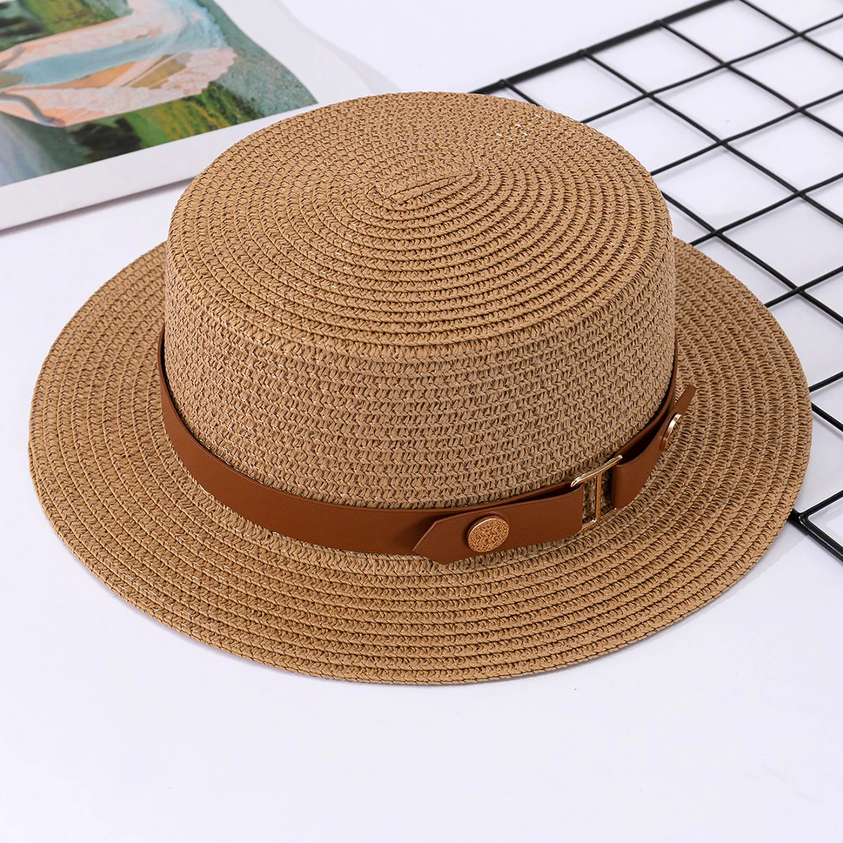 French British Belt Summer Flat Top Hat Women\'s Big Head Waist Beach Top Hat Beach Holiday Sunshade Sunscreen Straw Hat