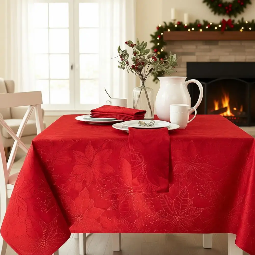 

Winter Holiday Poinsettia Red Tablecloth, 60 x 120 Regular