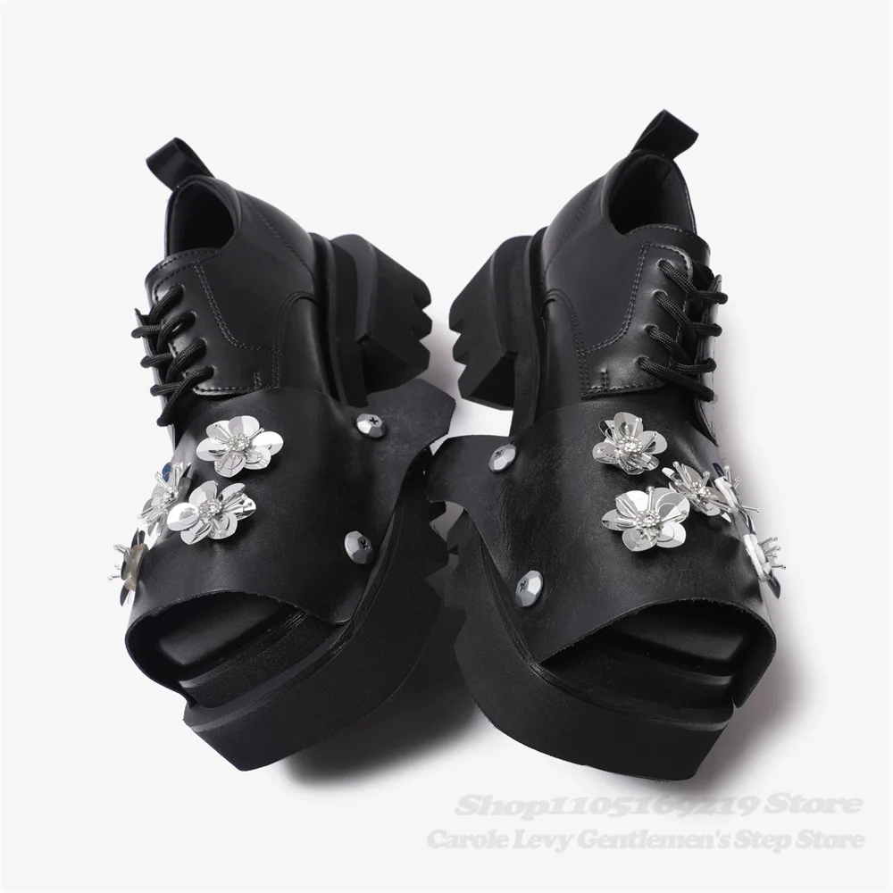 Metal Flower Thick Bottom Square Toe Men Shoes Punk Height Increasing Workwear Shoes Black Lace Up Motorcycle Leather Shoes