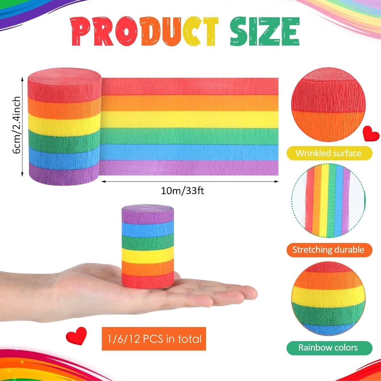 6pcs Rainbow Crepe Paper Streamers,Rainbow Streamers Party Decorations Birthday Streamers Party Streamers for Wedding Decoration