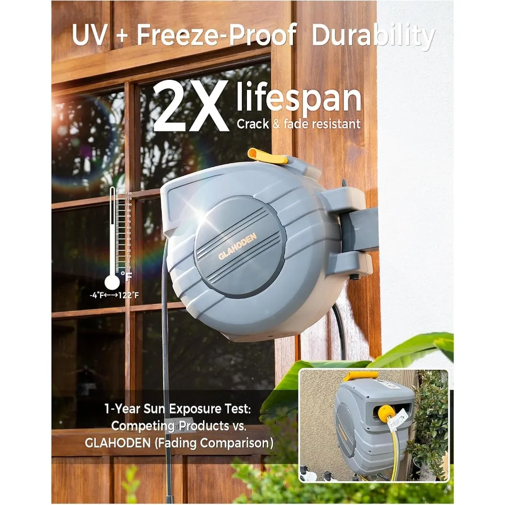 자동 감김식 정원 호스 릴 5/8인치 x 100피트 업그레이드된 자외선 차단 고강도 자동 호스 릴 벽걸이형 3/4인치 브라